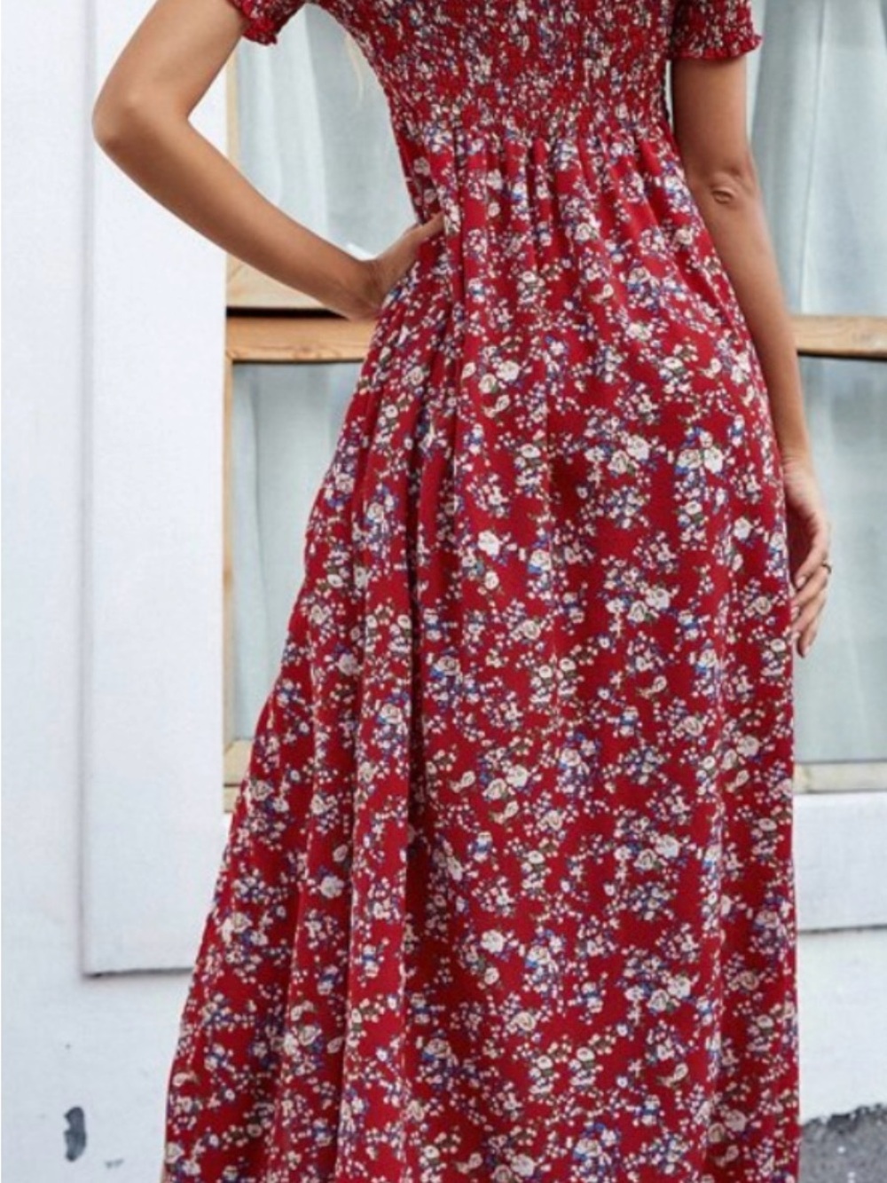 SHEIN Red Floral Maxi Dress with Smocked Bodice and Short Sleeves